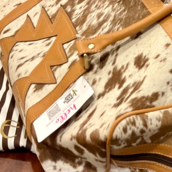 Boho Luxe Duffle Weekender Leather Cowhide Travel Black, Tan and Brown and White - Picture 6 of 9